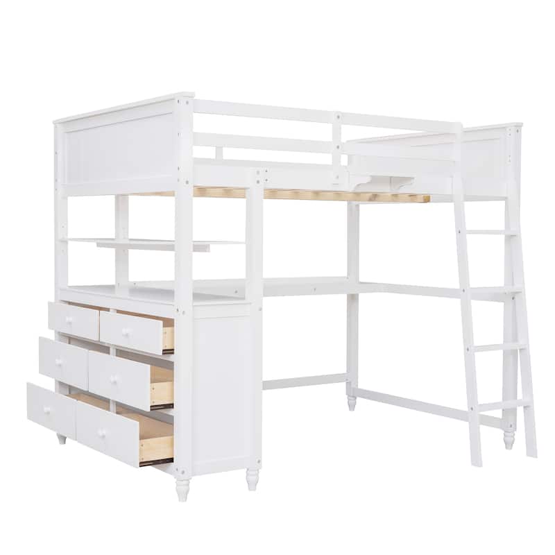 Full size Loft Bed with Drawers and Desk, Wooden Loft Bed with Shelves