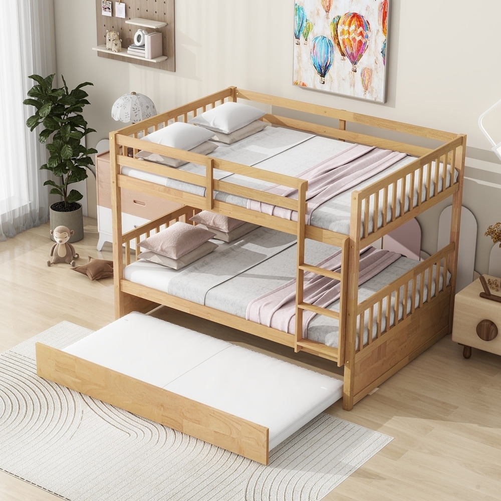 Full Over Full Rubber Wood Bunk Bed with Twin Size Trundle Ladder and Guardrails