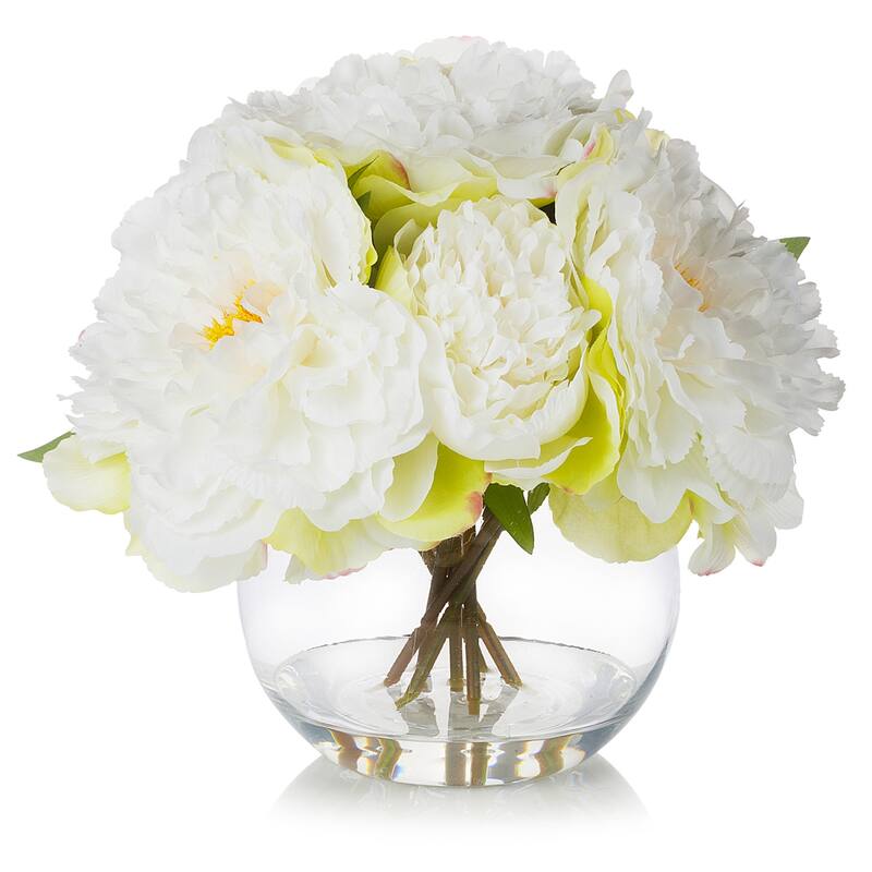 Enova Home Artificial Silk Peony Fake Flowers Arrangement in Round Glass Vase with Faux Water - 10"H x 10"W