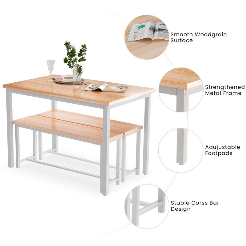 Industrial 3-Piece Dining Table Set, Retro Wood Kitchen Table Set with 2 Benches for Home Kitchen, Dining Room, Restaurant