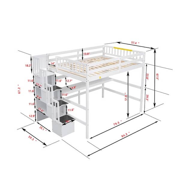 dimension image slide 1 of 2, Full Size Solid Wood Loft Bed with Built-in Desk, Bookshelves and Storage Staircase