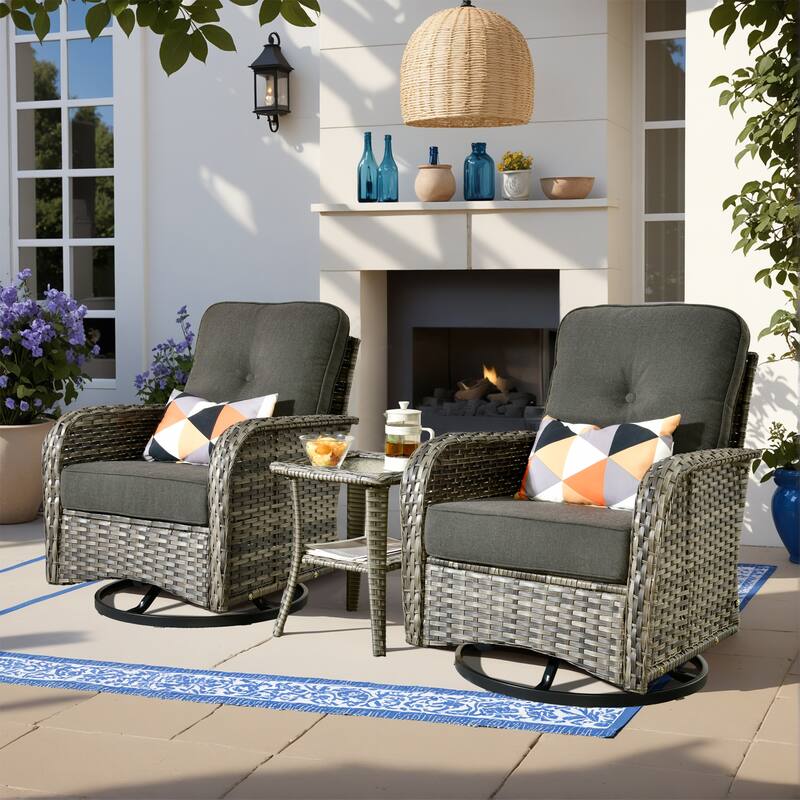 HOOOWOOO 3-piece Grey Wicker Patio Swivel Rocking Chair Set - Black