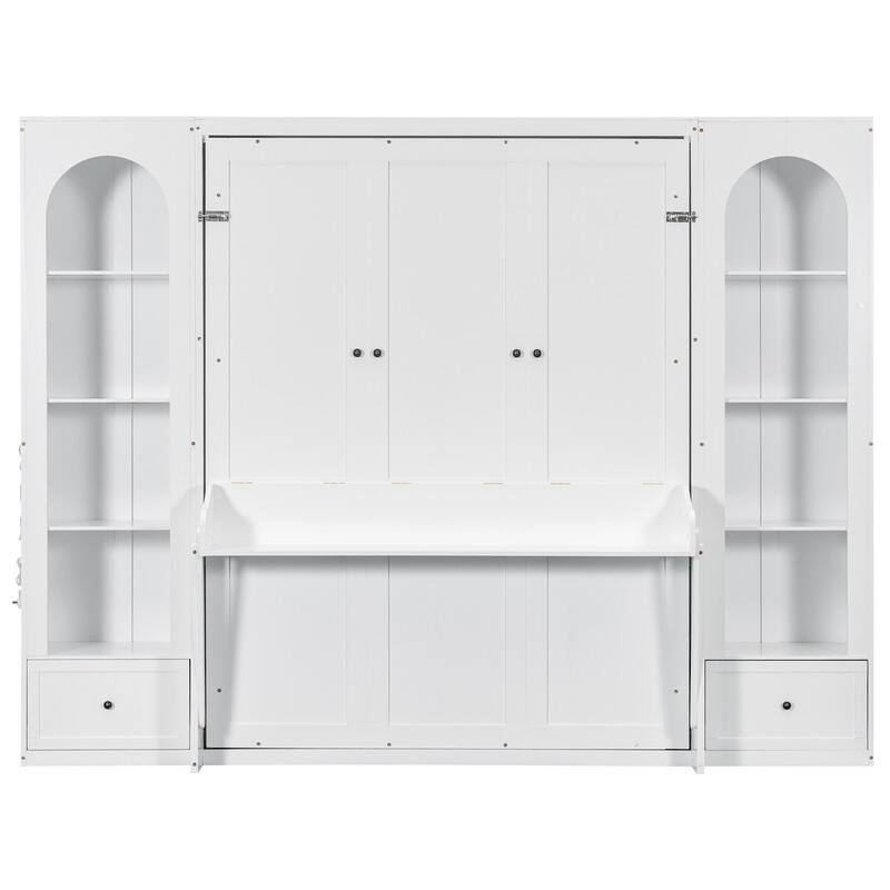 Queen Size Murphy Platform Bed with Side Cabinets, 2 Drawers and LED Light, Wooden Foldable Murphy Wall Bed with Storage Shelves
