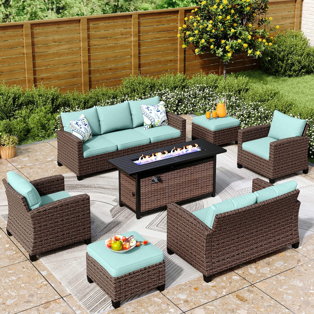 9-Seat Patio Furniture Wicker Rattan Outdoor High-back Sectional Sofa Conversation Set with Firepit Table