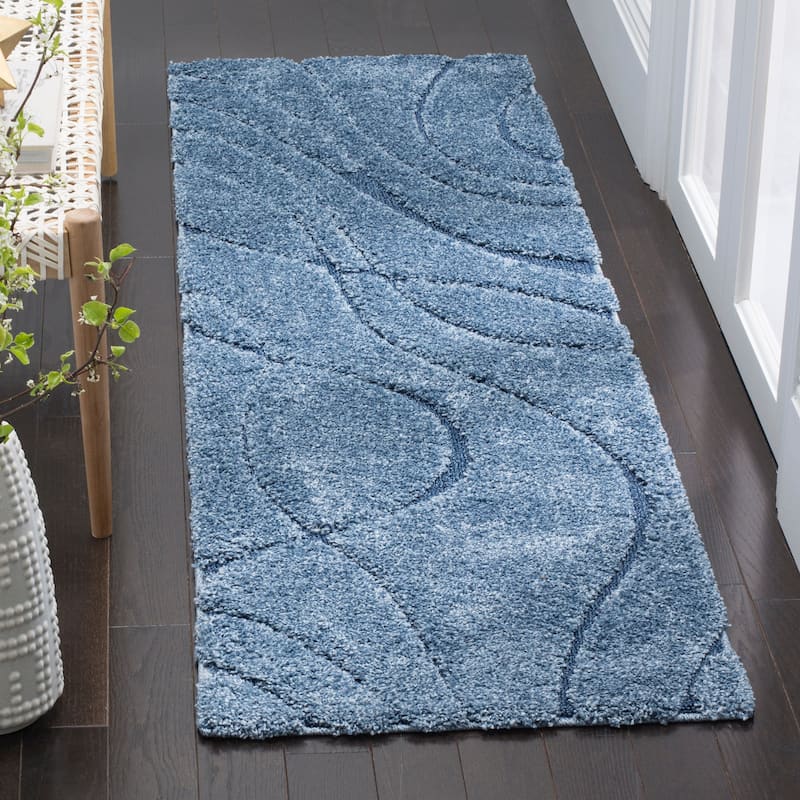 SAFAVIEH Florida Shag Sigtraud Abstract Waves 1.2-inch Area Rug - 2'3" x 15'  Runner - Light Blue/Blue