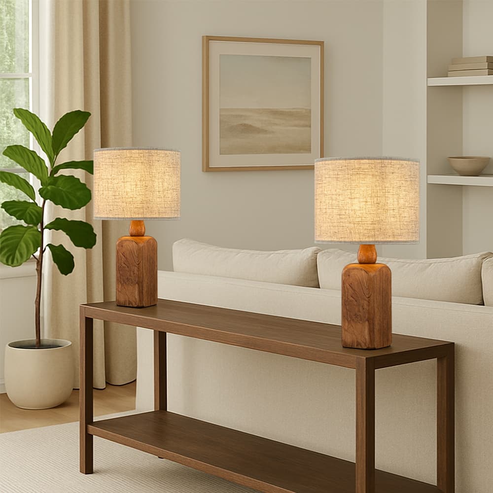 Farmhouse Traditional Natural Brown Solid Wood Base Table Lamp with Beige Fabric Shade for Bedroom Living Room（Set of 2)