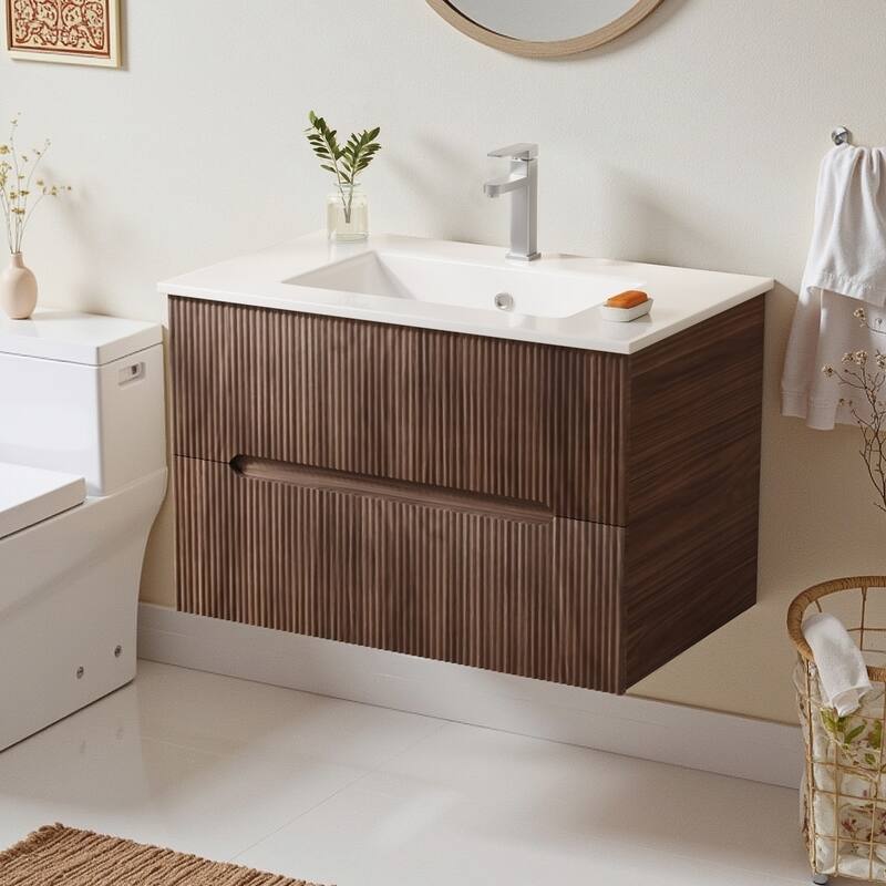 EROMMY 24/30 Inch Floating Bathroom Vanity with Sink, Modern Sink Cabinet with 2 Drawers and Soft-Close Design