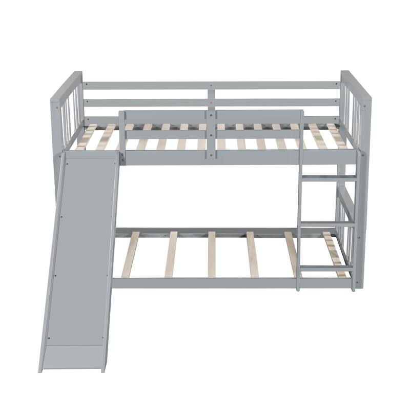 Twin Over Twin Bunk Bed with Slide and Ladder in White and Gray