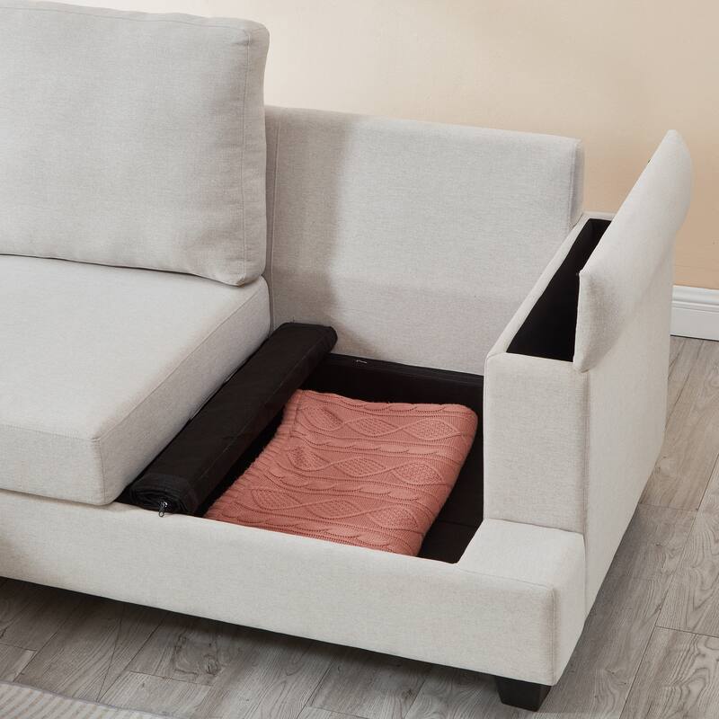 L Shaped 3 Seats Sofa with Armrest Organizer, Linen Sectional Sofa with Movable Ottoman, Comfy Upholstered 3 Seater Couch,