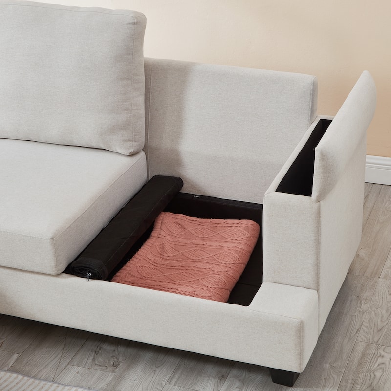 L-shaped Chaise Sectional Sofa with Movable Ottoman, Hidden Storage in Armrests & Seats, Storage Couches with Thick Cushions