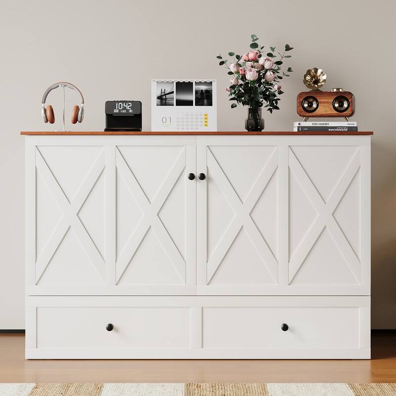Mixoy Modern Full/Queen Size Murphy Bed Chest with Mattress and Storage