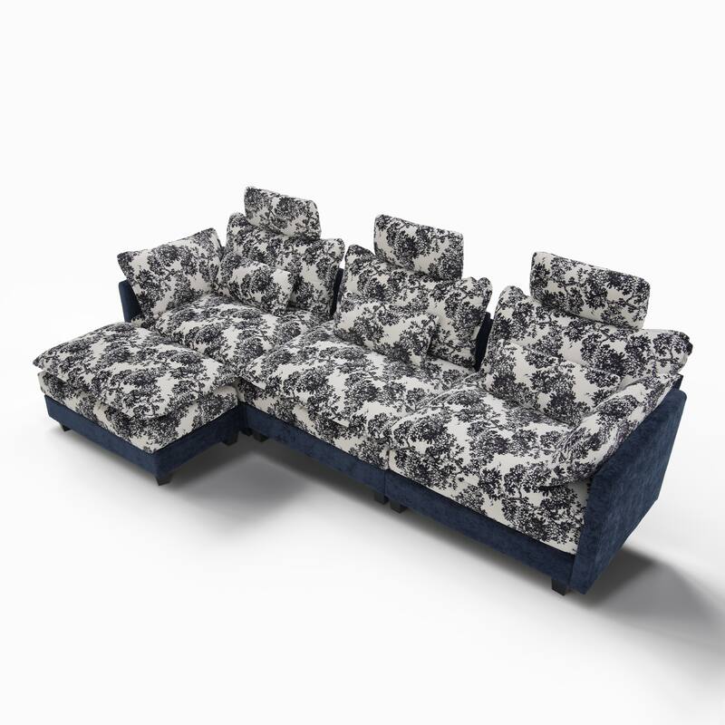 Blue Chenille Sectional Sofa with Floral Fabric, 4-Seater L-Shaped Couch with Adjustable Headrests, Pillows, and Chaise Lounge