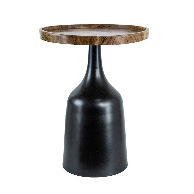 20, 17 Inch Side Table, Acacia Wood, Flared Pedestal Base, Aluminum, Black - 36.5 H x 30 W x 21 L