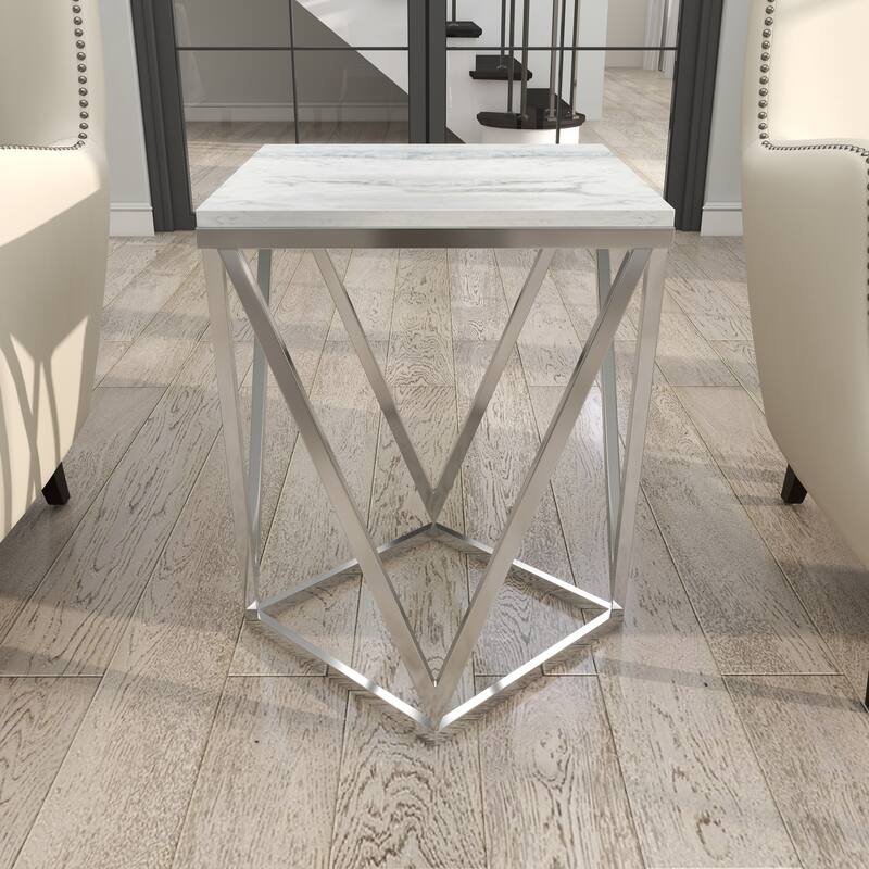 Silver Stainless Steel Accent Table with Marble Top - 18 x 18 x 21