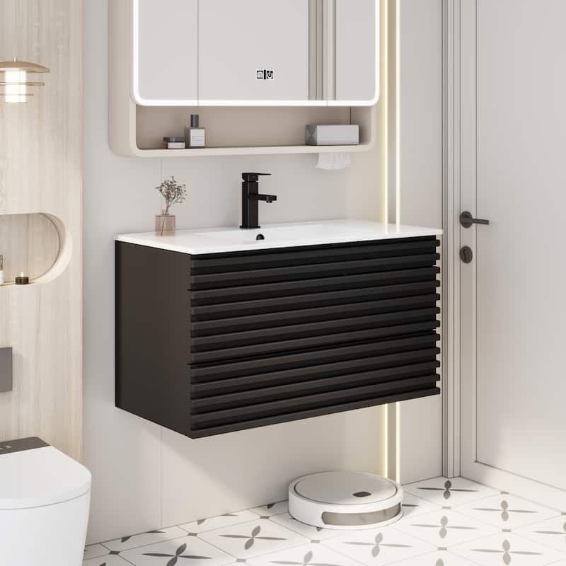 Wall Mounted Bathroom Vanity Set W/ Drop in Sink Mid-Century Cabinet Set