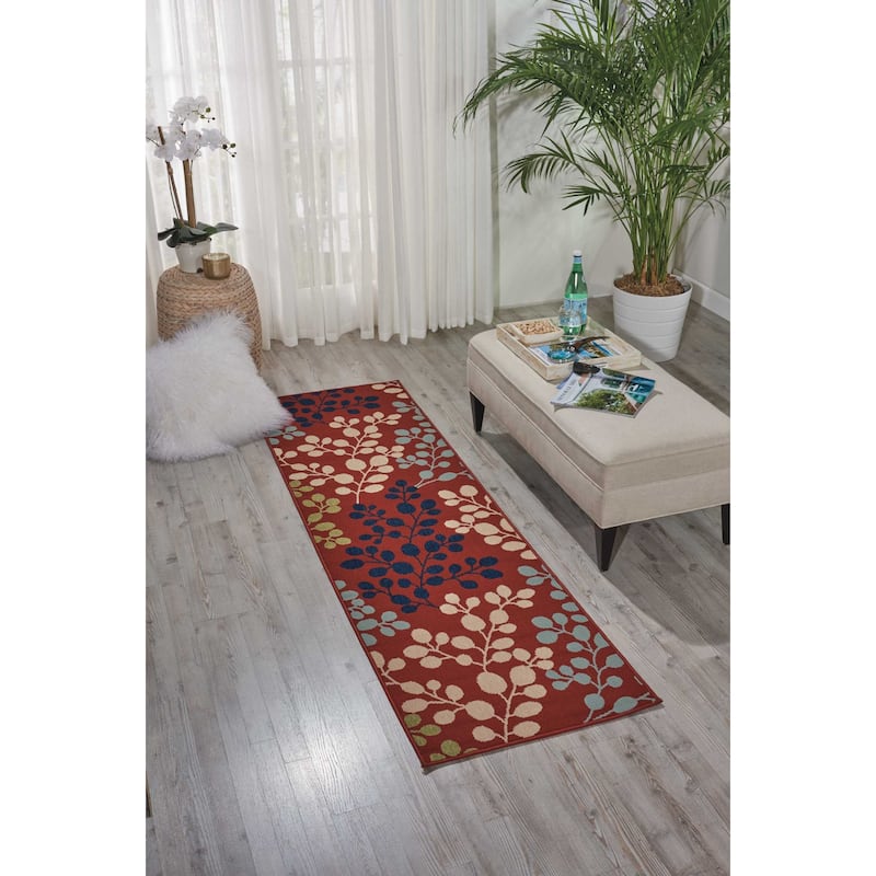 Nourison Caribbean Indoor/Outdoor Modern Floral Area Rug - 2'3" x 7'6" Runner - Burnt Orange/Multi