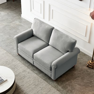 Linen Fabric Loveseat Sofa, Upholstered Futon Sofa with Storage, Couch Settee with Solid Wood Legs and Metal Frame