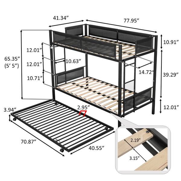 Black Twin over Twin Metal Bunk Bed with Trundle and Comfortable Guardrail