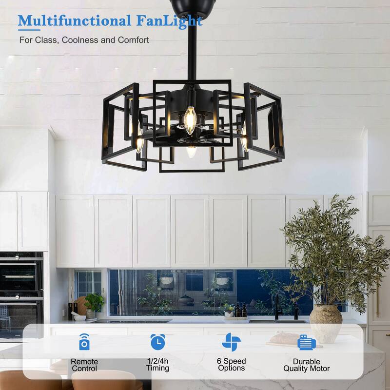 CurveCurio 20" Modern Matte Black Industrial Caged Ceiling Fan w/ 6 Lights, Quiet DC Motor 3 Speed Remote Control Fanlight