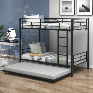 Twin-Over-Twin Metal Bunk Bed with Trundle ,Sturdy Steel Frame, High Safety Guardrails, Convertible Design