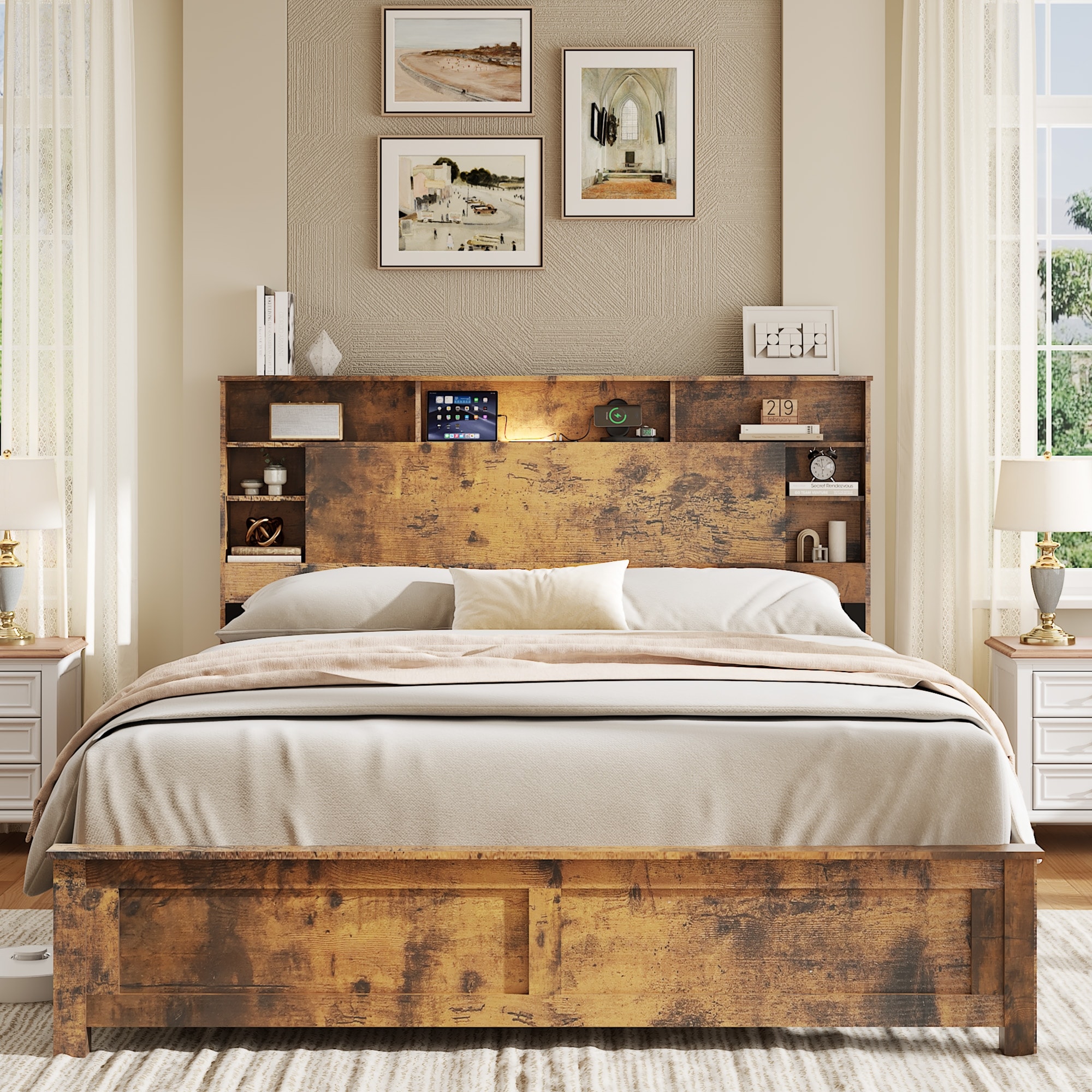 Wood Queen Bed Frame with Storage Headboard,Bed Frame with Charging Station & LED Lights,Wood Bedframe Queen-Size with Bookcase