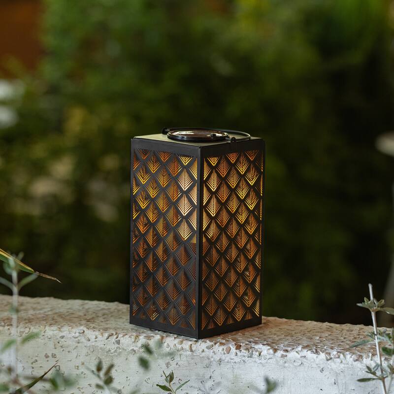 Glitzhome 11"H Black Metal Cutout or Square Textured Glass Pattern Solar Powered Hanging Lantern with LED Light