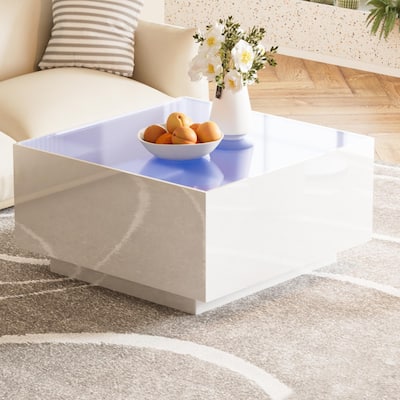 Square High Glossy Coffee Table with LED Strip Lights and Tempered Glass Top