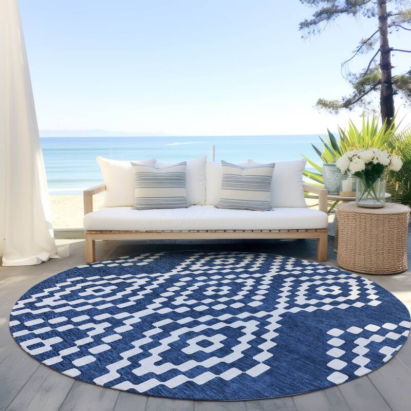 Machine Washable Indoor/ Outdoor Chantille Moroccan Boho Rug - Navy - 8' x 8'