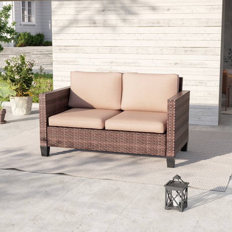 Livoosun Patio Loveseat Sofa Outdoor Wicker Couch, 2-Seater Furniture with High Back and Removable Cushions
