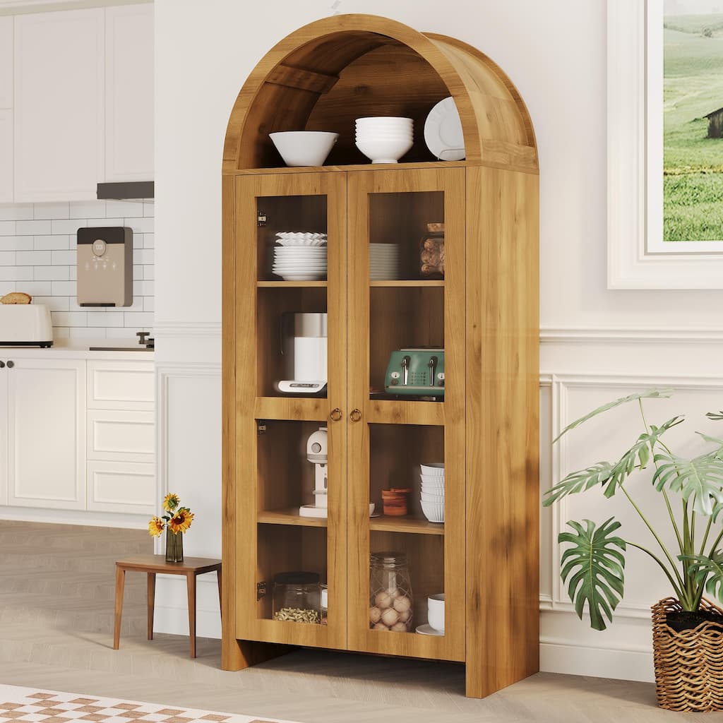 Tall Wooden Arched Cabinet with Acrylic Doors, 70 Inch Pantry Cabinet with Adjustable Shelves, Modern Display Cupboard