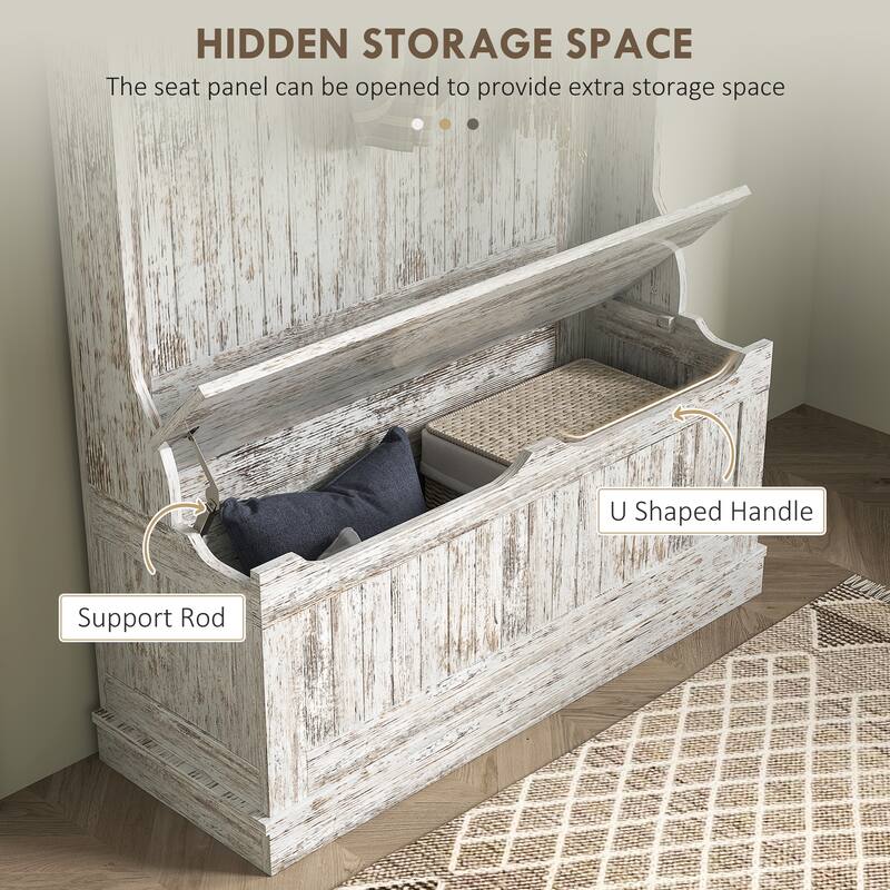Modern Coat Rack with Anti-Tip Device Storage Bench 5 Hooks and Shoe Cabinet, for Entry and Hallway, Distressed White
