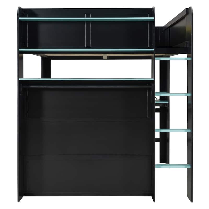 Full Size Esports Loft Bed, Built-In Gaming Station with Adjustable Desk, Wardrobe, Book Shelves, USB Port & RGB Strip Lighting