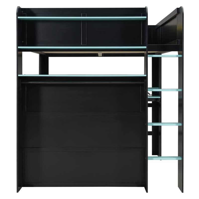 Roomfitters Full Size Loft Bed with Adjustable Desk, Wardrobe Storage, and RGB Lighting