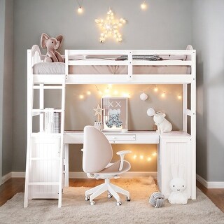 Artsy Twin Loft Bed with Drawers, Cabinet, Shelves and Desk, Solid Construction & Versatility galore, Health and Comfort, White