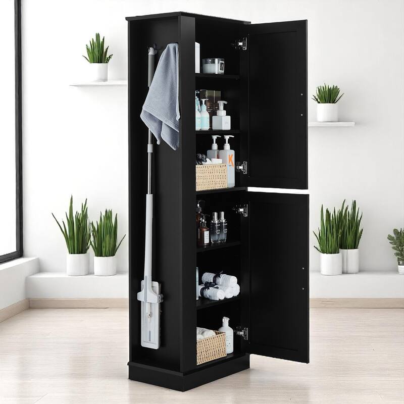 68-Inch Tall Bathroom Storage Cabinet with 2 Doors, Adjustable Shelves, Side Hooks & Anti-Tip Kit, Freestanding Organizer, Black