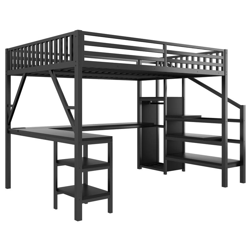 Metal Queen Loft Bed with Wardrobe and LED Light, Queen Size Loft Bed with L Shaped Desk and USB for Kids Teens Adults