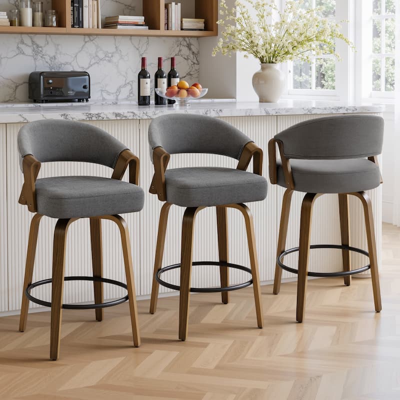 Mid-Century Upholstered Swivel Bar Stool/ Counter Stools with Curved Back - 37.5"H x 20.9"W x 19.9"D