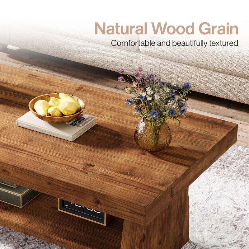 2-Tier Solid Wood Coffee Table for Living Room, Farmhouse Style