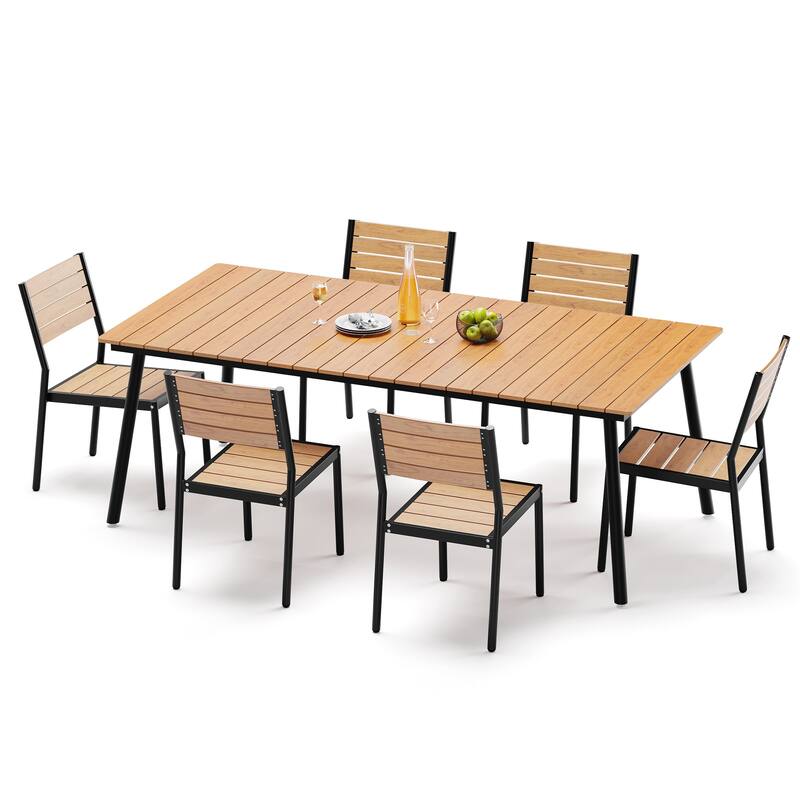 7 Pieces Outdoor Dining Set Aluminum Dining Table with Stackable Chairs - Brown