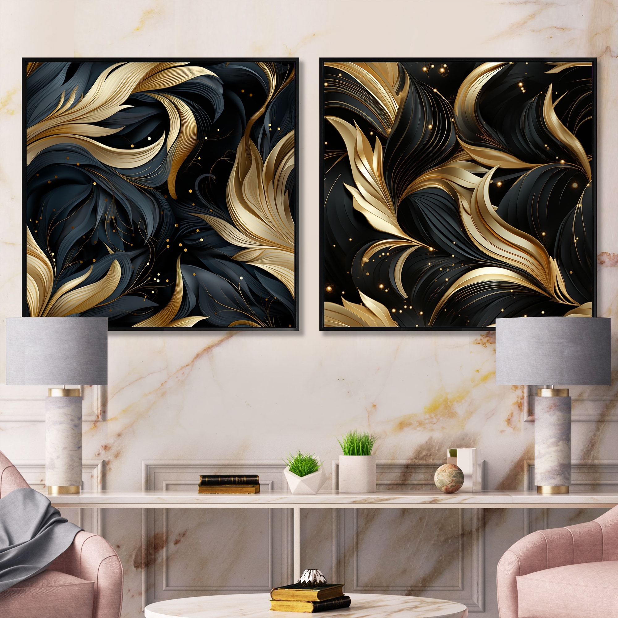 Designart "Midnight Charm Gold And Black" Abstract Framed Art Set Of 2 - Modern Wall Decor Set Black Wall Art 2 Pieces