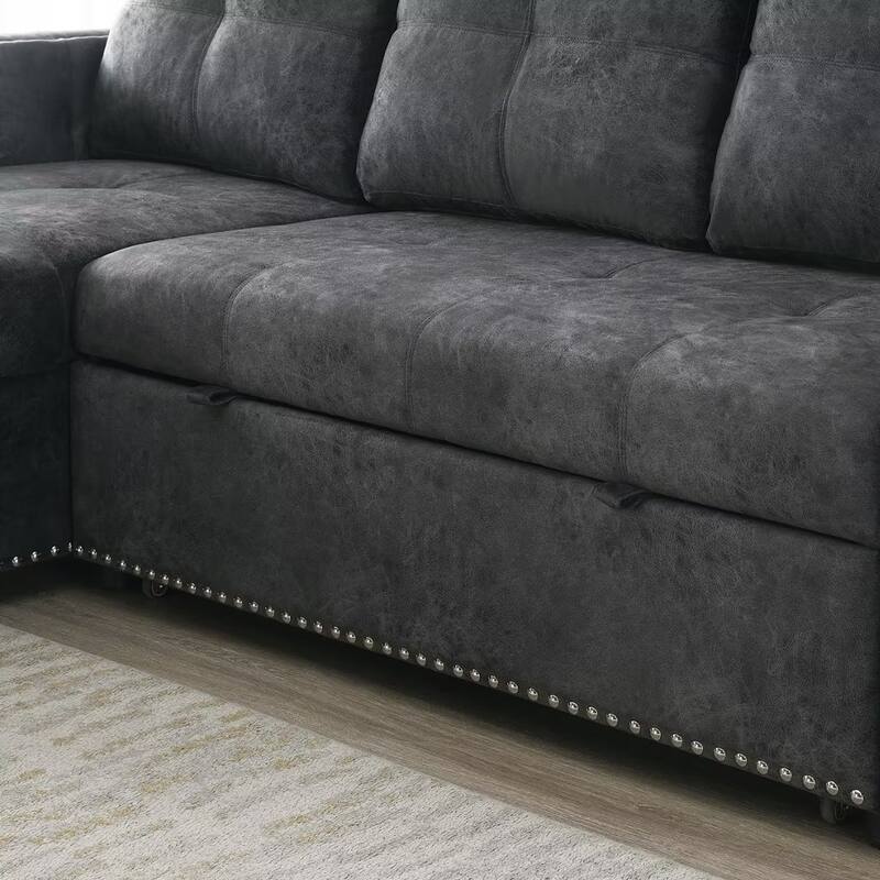 Morden Fort Reversible L-Shaped Sofa Bed with Storage - Velvet Upholstery, Button Tufting, and Nailhead Trim
