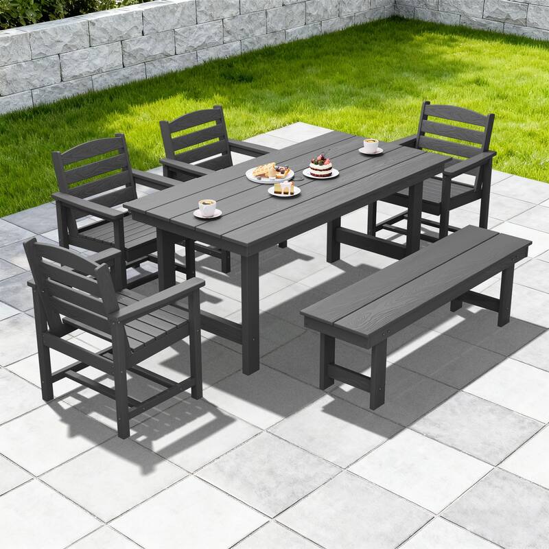 6-Piece HDPE Outdoor Dining Table Sets with Umbrella Hole - 1-Table 4-Chairs-1-Bench