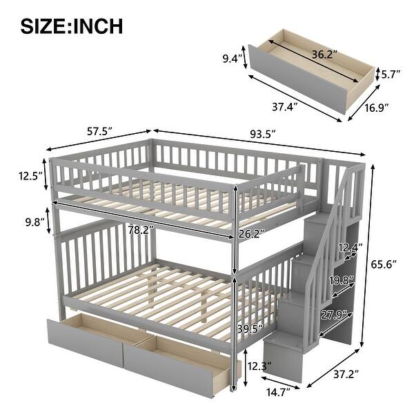 Full Over Full Solid Wood Bunk Bed with Two Drawers and Storage Staircase, High Guardrail