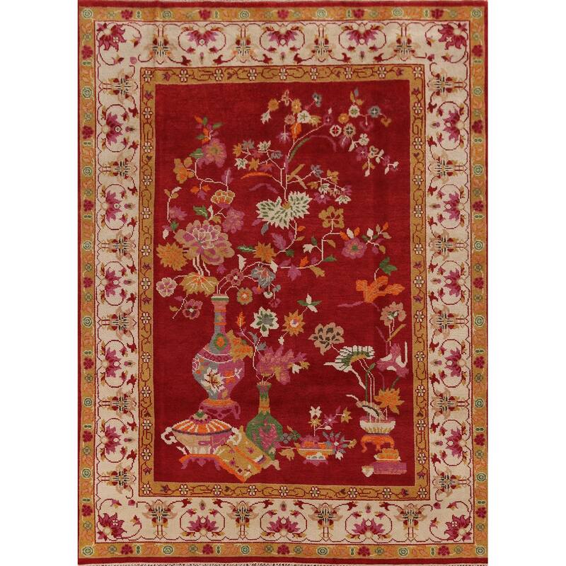 Red Floral Heriz Serapi Indian Area Rug Handmade Wool Carpet - 7'10" x 9'9"