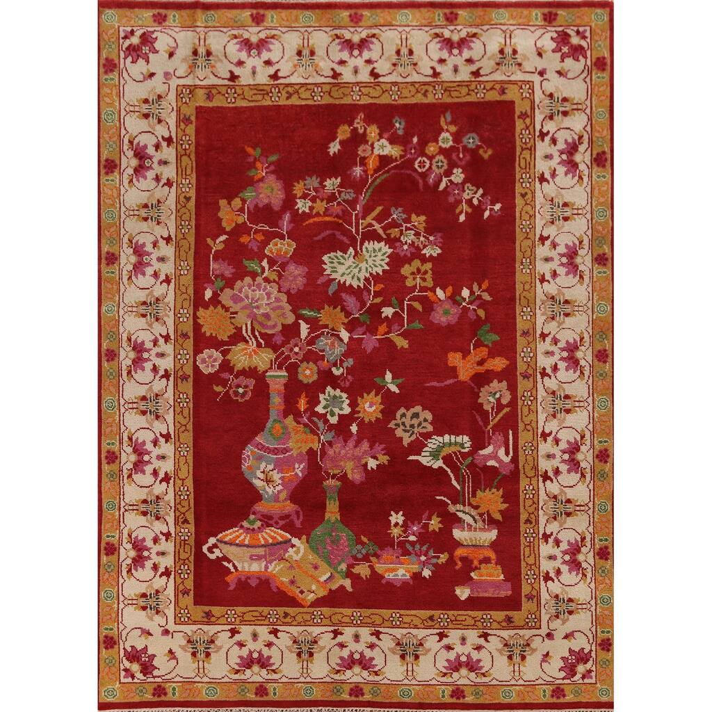 Red Floral Heriz Serapi Indian Area Rug Handmade Wool Carpet - 7'10" x 9'9"