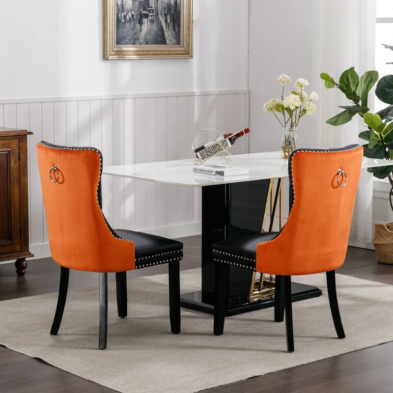 Modern Tufted Upholstered Dining Chair with Wood Legs and Nailhead Trim, Set of 2