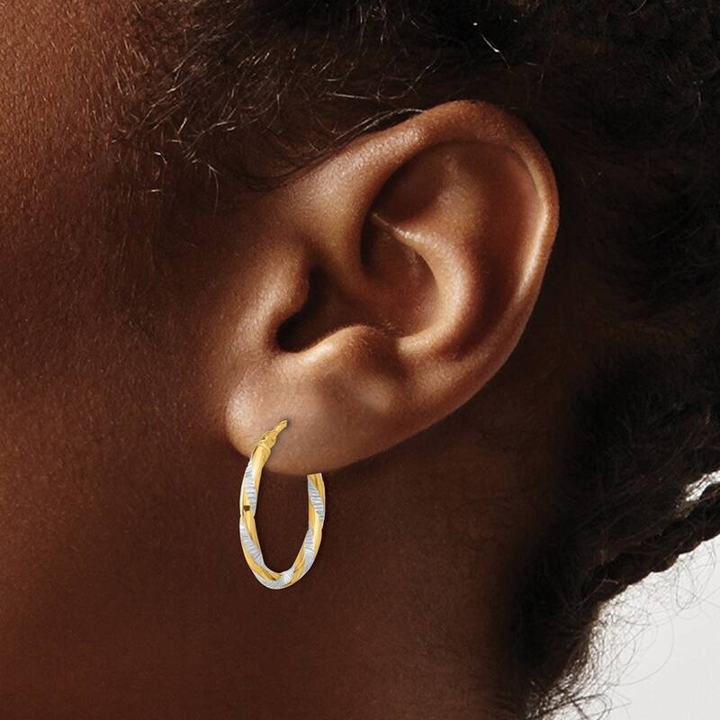 Curata 14k Yellow Gold White Rhodium Polished Diamond cut Hoop Earrings - 19.7x19.5mm