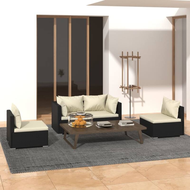 vidaXL Patio Lounge Set Outdoor Sectional Sofa Set Table Garden Poly Rattan - 27.6" x 27.6" x 23.8" - Black  4 Piece