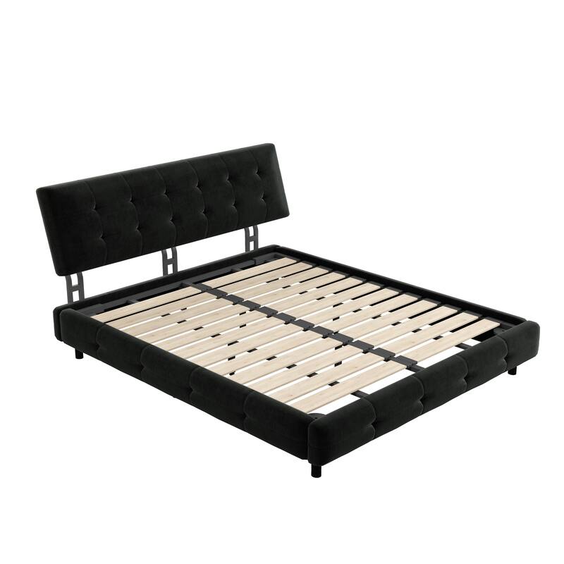 Queen Size Bed Frame with Tufted Headboard, Chenille Platform Bed, Black, Solid Wood and Metal Slats, Noise-Free