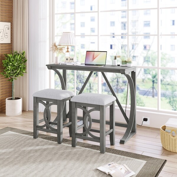 Rustic 3 Piece Counter Height Dining Table Set with USB Port On
